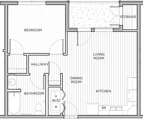 Floor plan for 1 bed, 1 bath, 568 sqft